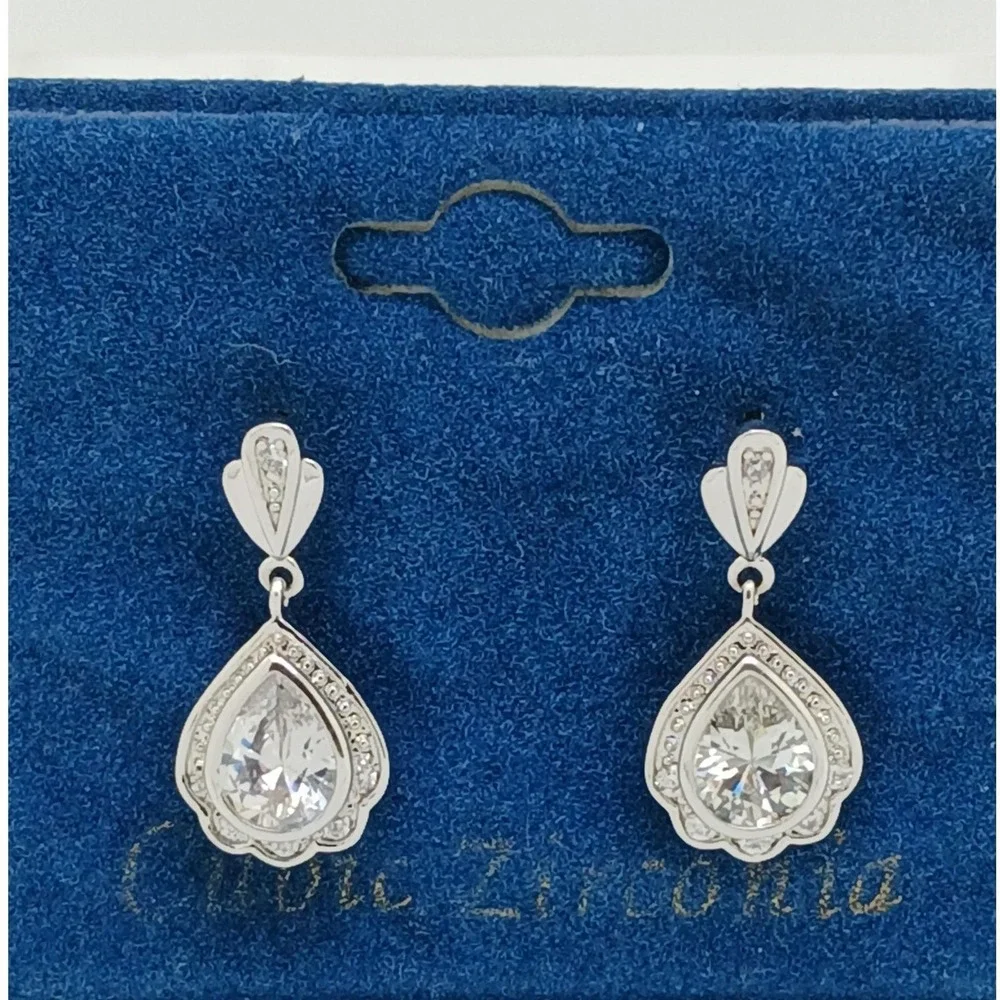 Vintage 1990s Pear Cut Cubic Zirconia Silver Tone Drop Earrings Rare New on Card